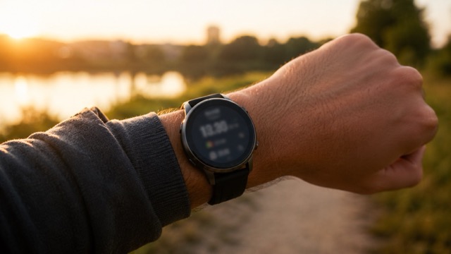 Person checking a fitness watch on a quiet morning walk